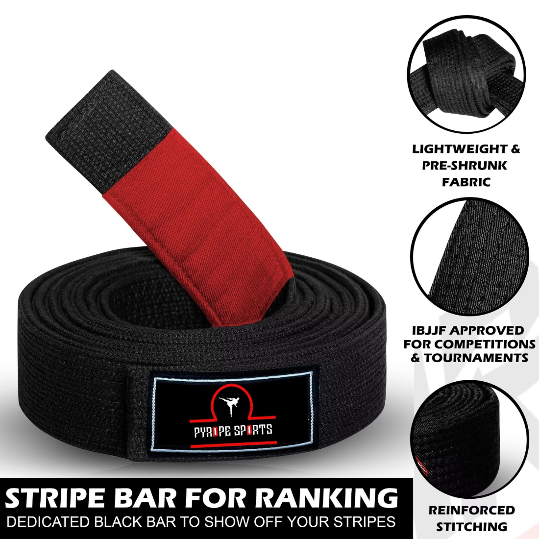 BJJ Black Belt with Red Bar IBJJF Approved Brazilian Jiu Jitsu Belt Premium Cotton - Image 2