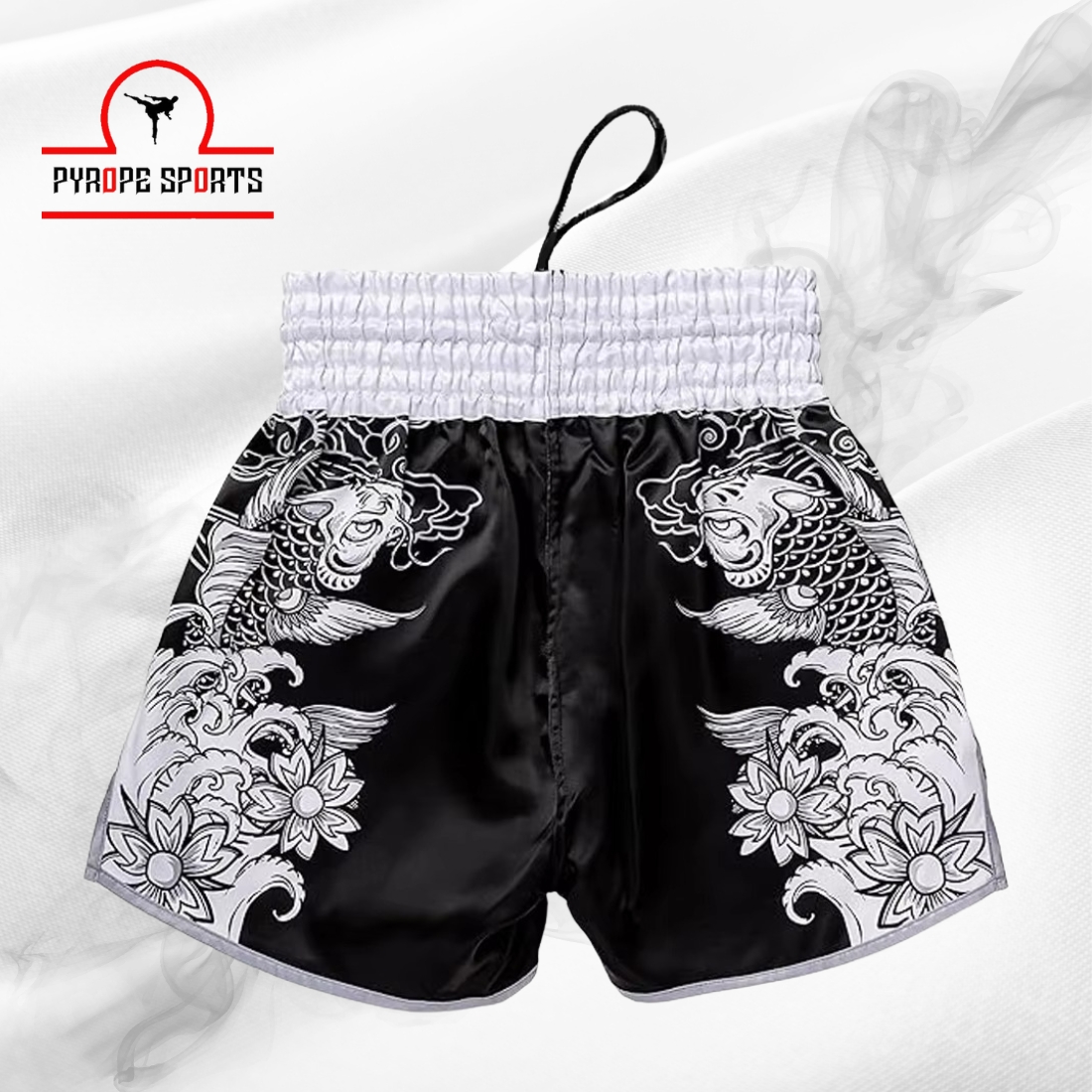Premium Koi Fish Muay Thai Shorts – Black & White Fighter Edition - Image 2